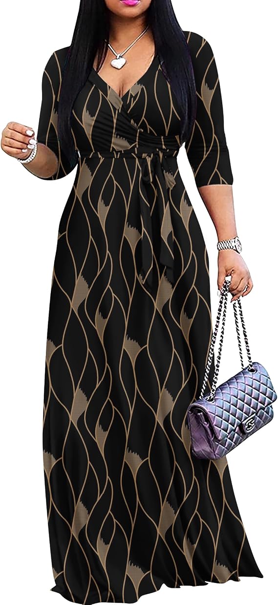 FANDEE Women Plus Size Maxi Dress Casual Summer Dress V Neck 3/4 Sleeve