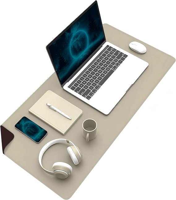 Klasse Çift Renk Dikişli PU Deri Masa Matı 80x40 Cm Mousepad, Su Geçirmez Masa Sümeni, Çift Taraflı Kullanım, Dizüstü Bilgisayar/Ofis/Ev için, Kaymaz Taban (Bej Ve Kahverengi)