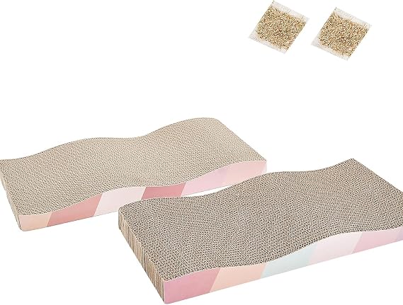 MEETOZ Scratching Board for Indoor Cats With Catnip, Premium Scratch Textures Design, Double-Sided Usability Cardboard Scratcher (2pcs)