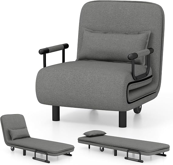 COSTWAY Single Folding Sofa Bed Chair Modern Fabric Sleep Function Holder W/Pillow & Wheel For Home Bedroom Living Room Office Indoor (Dark Grey)