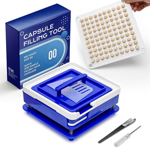 Empty Capsule Filling Machine Size 00 (100 Holes), Capsules Filler with Detailed Instructions, Spoon and Filling Tool, Manual Capsule Filling Machine Compatible with Empty Capsules (Size 00)