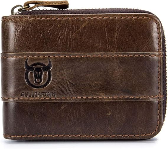 Genuine Leather Men Wallet, RFID Blocking Antimagnetic Credit Card Holder, Zipper Coin Purse Brown