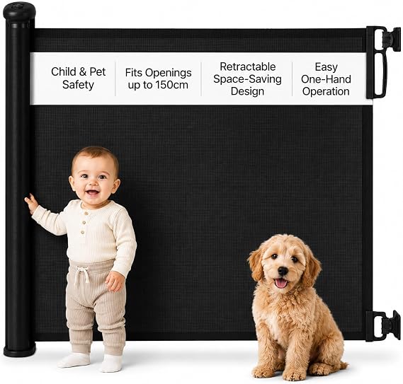 Retractable Stair Gate for Baby & Pet - Secure 2-Step Lock, 150x80 cm Extendable Stair Gate, One-Handed Operation for Babies, Dogs, Doorways, Hallways, Indoor & Outdoor (Black)