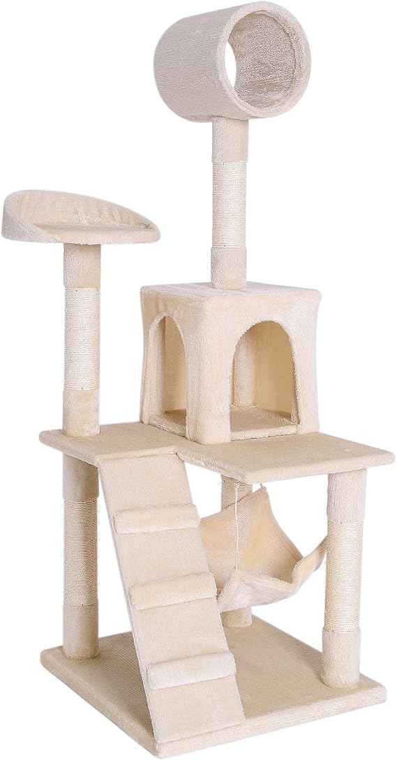 lionto Cat Tree with Hammock, Tunnel, Sisal, Height 133 cm, Beige