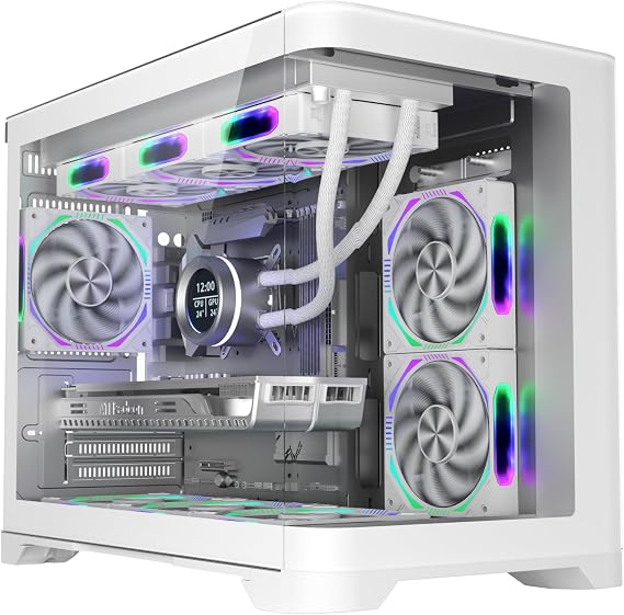 1st Player UV6 ARGB Micro ATX White PC Gaming Case - Dual Chamber, Curved Panoramic Tempered Glass - 3 x 120mm ARGB Fans Pre-installed
