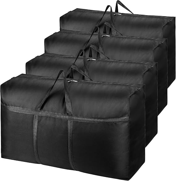 4 Pack 180L Extra Large Heavy Duty Storage Boxes with Lids for Moving Large Storage Bags for Clothes with Zipper and Handles Heavy Duty 600D Oxford Fabric (Black)