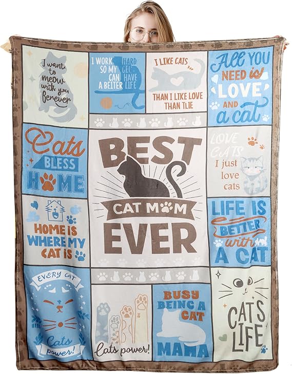 Apradas Cat Lovers Throw Blanket, Cat Themed Gifts for Women, Soft & Cozy Polyester Blanket, 150x130CM (Cat-Blue Brown)