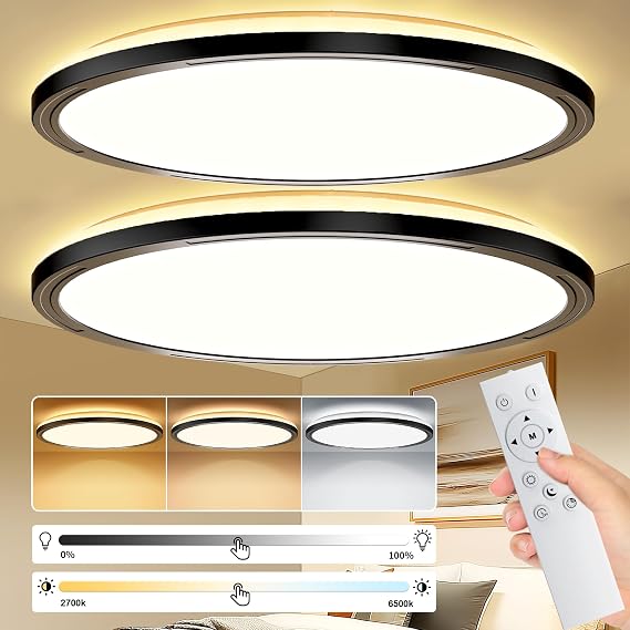 24W 2642LM Dimmable LED Ceiling Light with Remote Control, Ultra Thin 3000K-6500K Flush Mount Ceiling Lamp for Bedroom Kitchen Hallway Balcony Porch, Ø30cm - Black (2 Pieces) [Energy Class E]