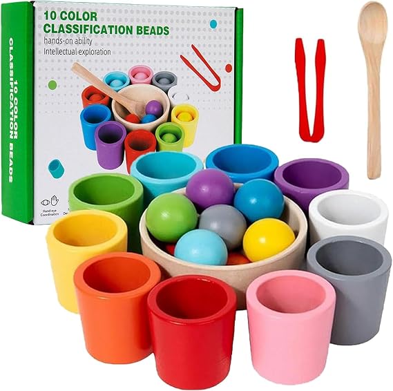 Colour Sorting Cups, Wooden Rainbow Balls Stacking Cups, Fine Motor Skills Counting Learning Games, Montessori Colour Matching Toys for Kids 3 4 5 6