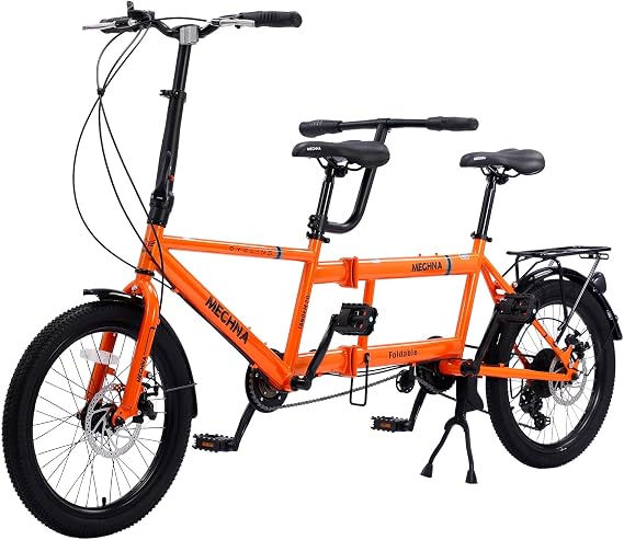 Foldable Dual Drive Tandem Bike for Adults Beach Cruiser Double Bike 20 Inch Wheel 7 Speed Dual Disc Brake 3 Set Bicycles for Women Men Senior Couple Orange