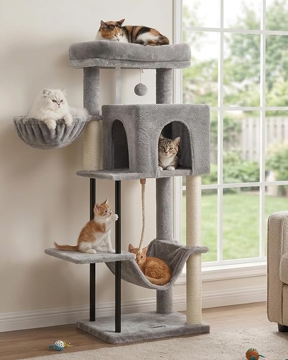 Gitelsnour Cat tree, Cat tower for Indoor Cats, 110cm Cat Tree Tower with Sturdy Steel Tube, Cat Hammock, Cat Condo for Small Cats and Kittens, Cat Scratching Post, Light gray GCT004SW