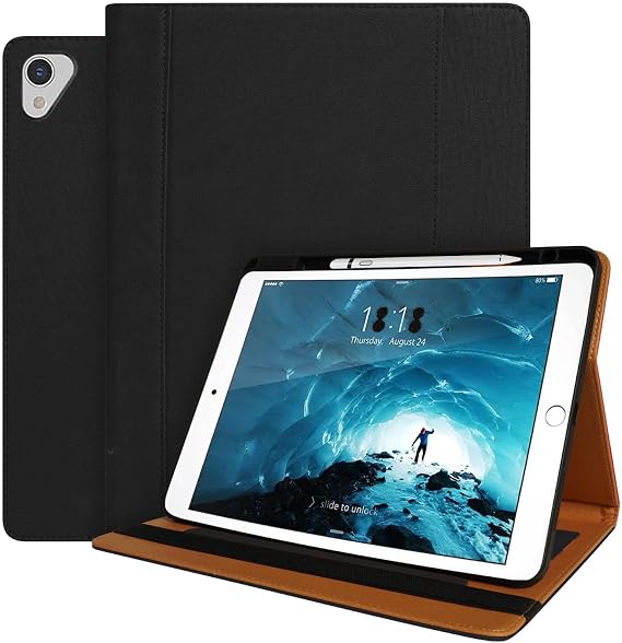 Leather Case for iPad Pro 12.9 Inch 2017/2015 (Old Model, 1st and 2nd Generation), Premium Leather Multi-Angle Viewing Stand Cover with Pencil Holder & Card Slots, Auto Sleep/Wake, Black
