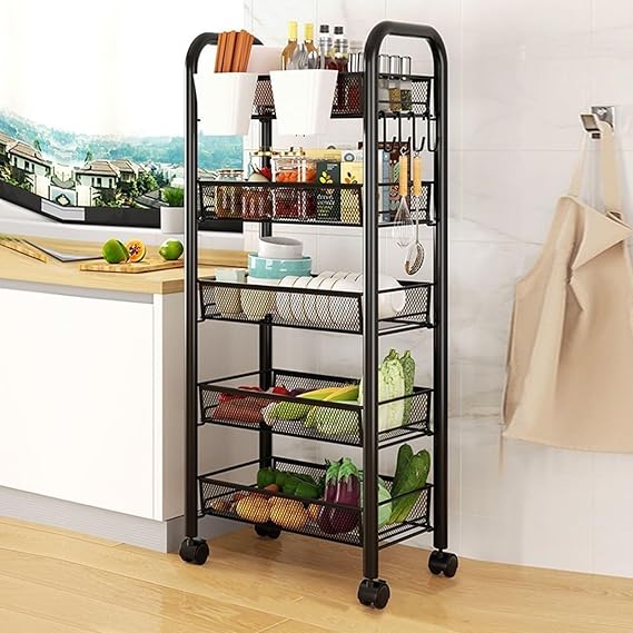 Worparsen Fruit and Vegetable Basket for Kitchen, 5 Tier Rotating Storage Rack Cart with 4×360° Casters, Metal Multifunctional Kitchen Storage Rack for Home Living Room (Rectangle 5-Layers)