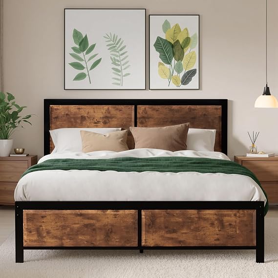 VECELO Double Bed Frame with Wood Headboard, Heavy Duty Metal Platform Bed, No Box Spring Needed, Easy Assembly