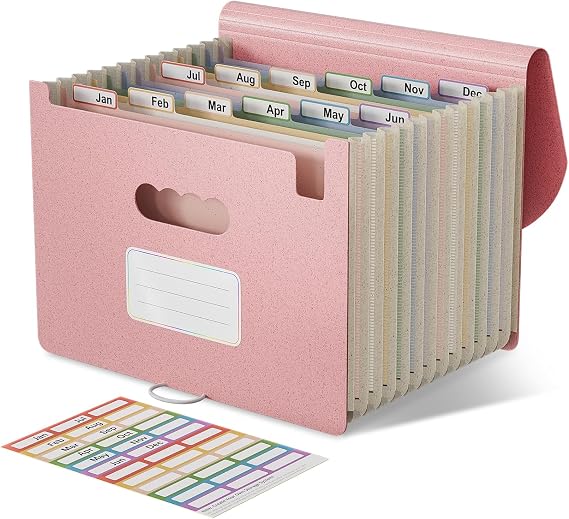 EcoStash Document Folder A4 12 Compartments Wheat Straw Expanding Folder Sorting Folder Colourful File Folder Organiser Accordion File Folder Organiser BPA-Free Back to Nature Healthy Life Strawberry