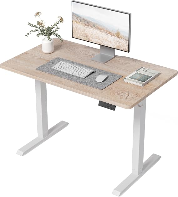 FEZIBO Electric Standing Desk 100 x 60 cm, Height Adjustable Computer Desk with Memory Presets, Sit Stand Home Office Desk, White Frame with Oak Top
