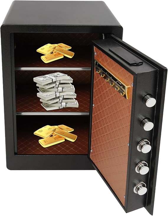 Safe Box Made of Cold-Rolled Sheet Steel Black 38 x 33.8 x 60 cm 3 Levels Password Protection Wall Mounted Rectangular Safe for Home and Office