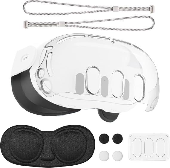 Meta Quest 3用VRアクセサリー、傷防止プラスチック保護カバーシェル 強化ガラスレンズプロテクター ジョイスティックキャップ コントローラーリストストラップ Oculus Quest 3対応