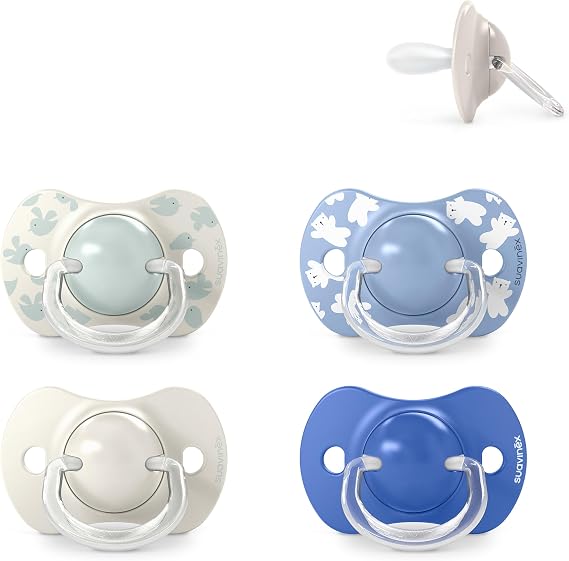 Suavinex, Pack of 4 Pacifiers for Babies 6-18 Months, with Physiological Silicone Teat SX Pro Symmetrical, Flat and Flexible, Respects Oral Development, Birdies and Wild&Free, Blue