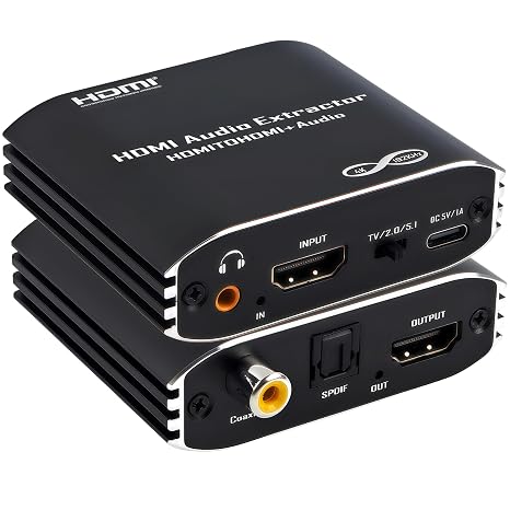 HDMI Audio Extractor Splitter, 4K HDMI to Optical S/PDIF Coaxial 3.5mm Aux Audio Adapter Supports Dolby Digital DTS 5.1 PCM Stereo for Laptop, Consoles, Speakers, Amplifier, Not Support ARC eARC