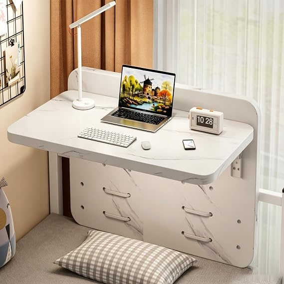 SpaceSaving Floating Bunk Bed Desk for DormsFoldable Hanging Nightstand with Adjustable Rail Wood Tray (Marble Finish 80x30x35cm / 31.5x11.8x13.7in)