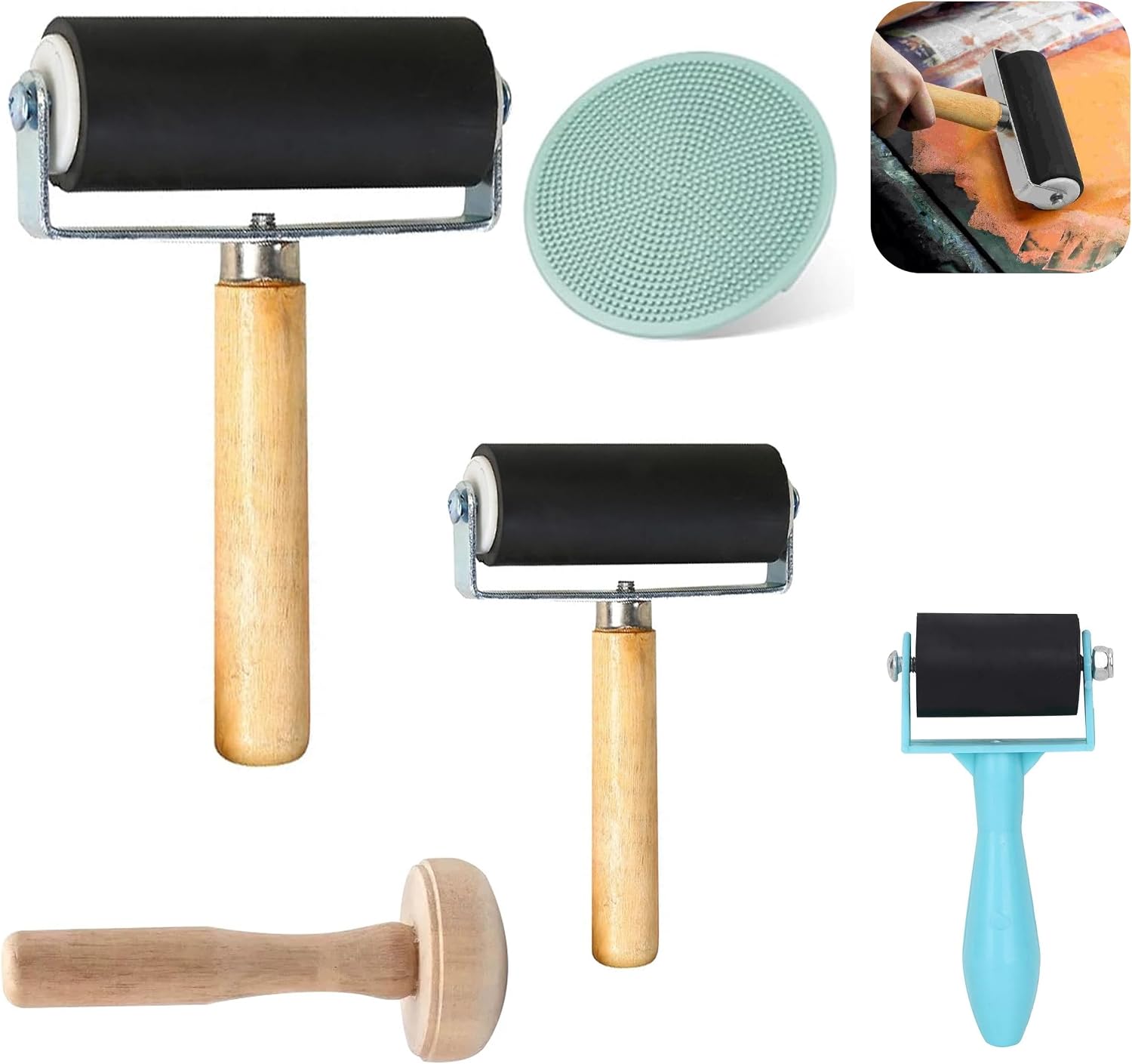 Brayer Roller for Crafts, 3 PCS Rubber Brayer Roller, Ink Roller Tool with Mushroom Roller and Plastic Stamp Making Pressure Plate for Printmaking DIY Art Craft3.5CM6CM10CM