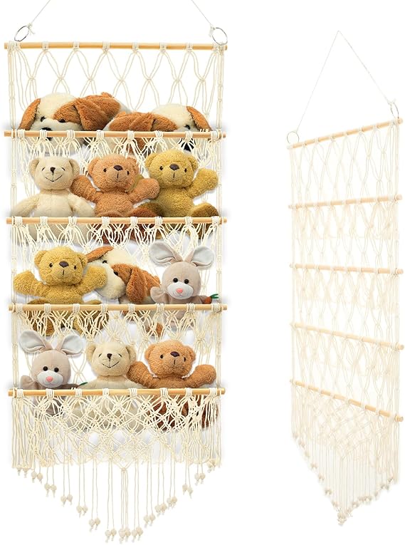 Teddy Hammock Stuffed Animal Toy Holder 4-Layer Versatile Over the Door Hanging Storage Organizer Bohemian Style Plush Toy Holder with Macrame for Nursery Playroom Bedroom (Beige)