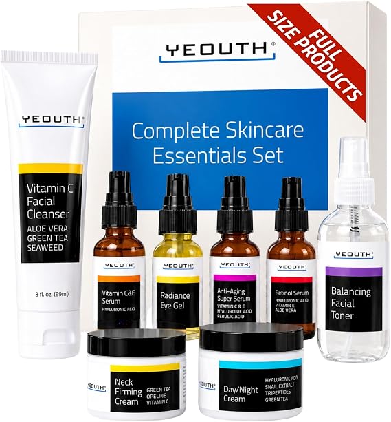 YEOUTH Skin Care Set, Skin Care Gift Set: Vitamin C Facial Cleanser, Facial Toner, Vitamin C Serum, Hyaluronic Acid Serum, Super Serum, Eye Gel, Day Cream, Night Cream, Neck Cream Skin Care Travel Set 8 Pack Cosmetic Set