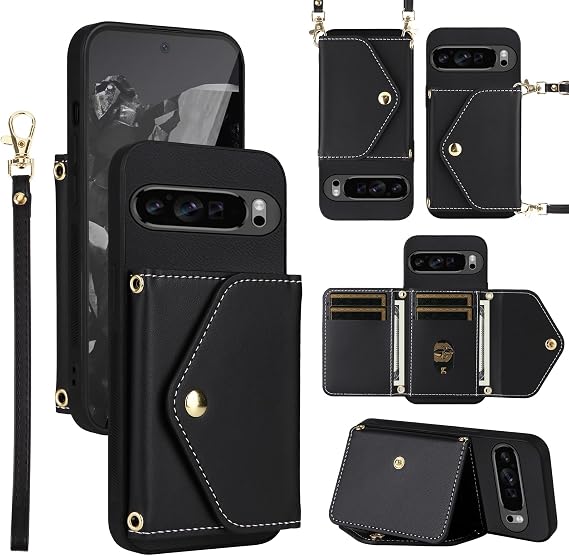 財布ケース Google Pixel 9/9 Pro 5G リストランヤード付きショルダーストラップスリムフリップパース、PUレザークレジットカードホルダースタンドアクセサリー 携帯電話カバー Pixel9 9Pro Nine用 レディース メンズ ブラック
