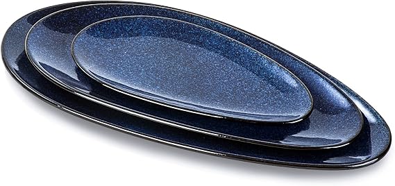 vicrays Large Oval Serving Platters, 16"/14"/10" Porcelain Serving Platters for Party, BBQ,Stackable Trays Serving Plates for Appetizers, Sushi, Restaurant, Dessert Shop, Set of 3 (Blue)