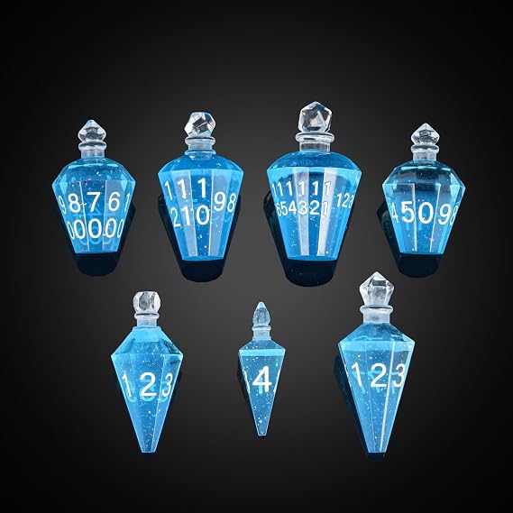 Cusdie 7-Die Sharp Edges DND Dice Set, Potion Shaped D&D Dice, Handcrafted Polyhedral Dice Set, Potion Dice for TTRPG Role Playing Game Pathfinder(Blue w/White Numbers)