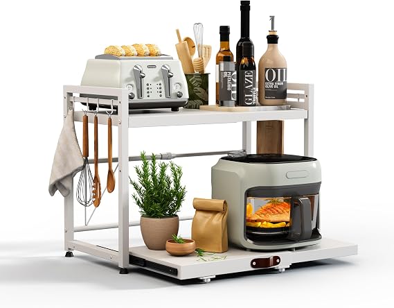NETEL 2 Tier Expandable Microwave Pull Out Shelf, Microwave Shelf Stand