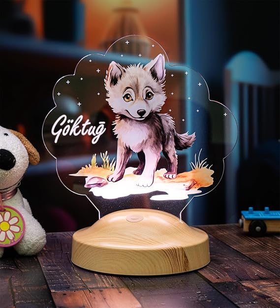 Sevimli Kurt Çocuk Odası Gece Lambası, Kurt Köpeği Bebek Doğum Günü Hediyesi, İsimli Çocuk Hediyesi (Küçük Boy) [Enerji Sınıfı A]
