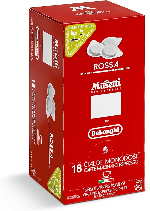 Musetti for De'Longhi MP18-RO Rossa Cafe Pods, 18 Pieces, Made in Italy, 60% Arabica, 40% Lobsta, Espresso, Cappuccino, Cafe Latte