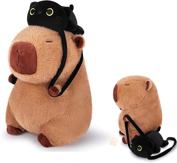 13.7inch Capybara Plush Toy Capybara Toy Stuffed Capybara with Black Cat Plush Cuddly Toys Stuffed Animal Soft Animal Plushie Hugging Pillow Large Fluffy Cushion Doll Present for Birthday New Year