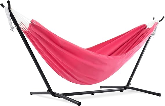 Vivere Double Polyester Hammock with Space Saving Steel Stand, Hot Pink (450 lb Capacity - Premium Carry Bag Included)