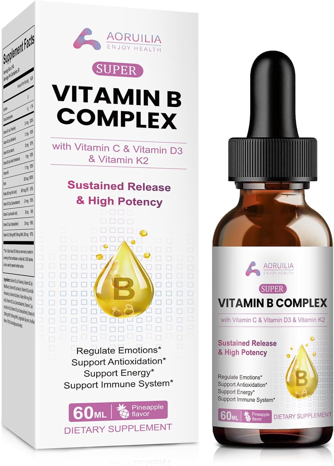 Vitamin B Complex Liquid Drops, 11 in 1 B Complex Vitamins High Strength with B1, B2, B3, B5, B6, B7, B9, B12 - Vitamin C, D3, K2 for Immune & Energy Metabolism, Brain & Heart Support, 60ml