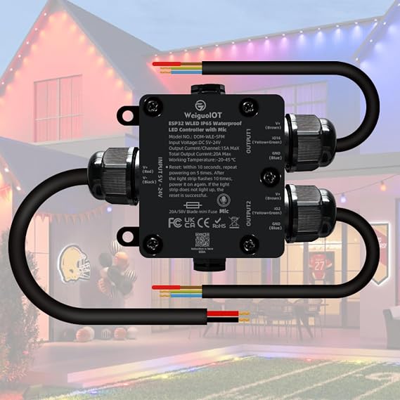 IP65 Waterproof LED Controller ESP32 WLED Digital Strip Controller , Built-in Mic, DC5-24V, 20A Fuse, for WS2811/WS2812B/SK6812 LED Strips (DOM-WLED-SFM)