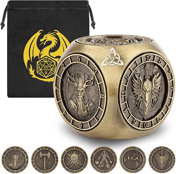 DND Fingertip Spinner Dice, 7-in-1 Metal Dice Set with 3D Pattern, Polyhedral Rotating Game Dice, for DND Gifts with Dragon Logo Gift Bag, Role Playing Board Game Accessories, Bronze