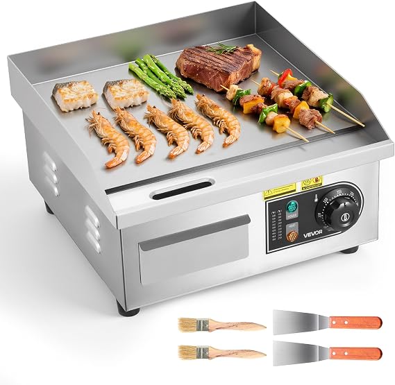 VEVOR Electric Griddle 2000 W 355 x 300 mm, Temperature Control 50 to 300 °C, Stainless Steel Countertop Grill with Flat Surface, with 2 Spatulas and 2 Brushes, for Meat and Pancakes