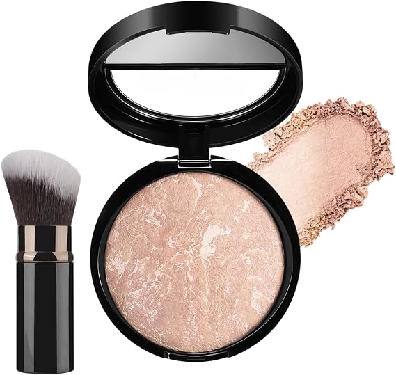 Baked Foundation For Mature Skin,Colour Correcting Powder Foundation,Shimmer Brick Pressed Bronzer,Buildable Light to Medium Illuminating Powder,Matte Natural Finish Lasting Oil-contro -03LIGHTBEIGE