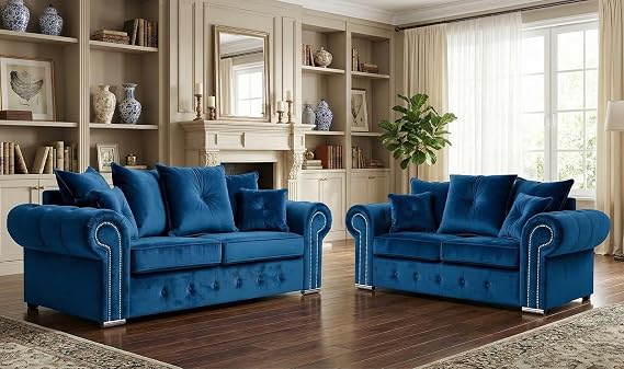 Olympia Settees - 3pc Ashwinn Chesterfield 5 Seater 2c2 Corner Sofa - Soft Blue Plush Velvet 3+2 Seated Fabric Sofas Suite - Comfy 3&2 Settee Dual Arm Scatter Back Couch for Indoors (Blue, 3+2 Seater)
