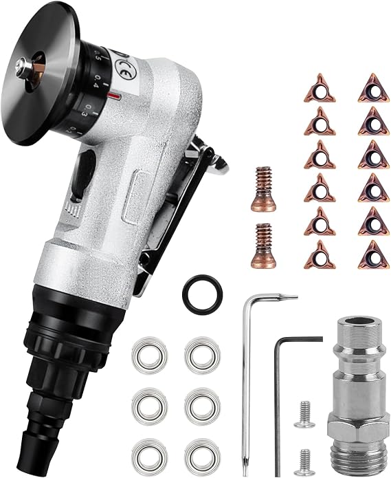 Mini Pneumatic Chamfering Machine, Aluminum Aloy Handheld 45 Degree Arc Air Beveling Machine with Replace Blades for Metal Trimming Chamfer Deburring (6 R Inserts + 6 C Inserts + 6 Bearing)