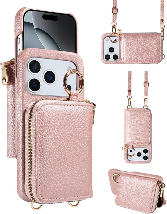 ウォレットケース iPhone 17 Pro Max用 6.9インチ ショルダーストラップリングバックル、ジッパーフリップオルガンパース、カードホルダースタンド携帯電話カバー i Phone17 17Pro i17 ProMax 17ProMax用 レディース メンズ ブラック