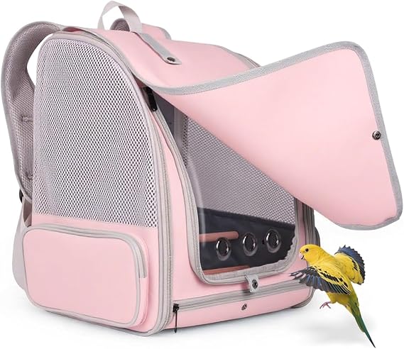 Bird Backpack Carrier Cage with Front Zipper Opening, Standing Perches and Metal Tray, Portable Travel Bag for Parakeet, Budgie, Conure, Cockatiel, Parrot (Pink)