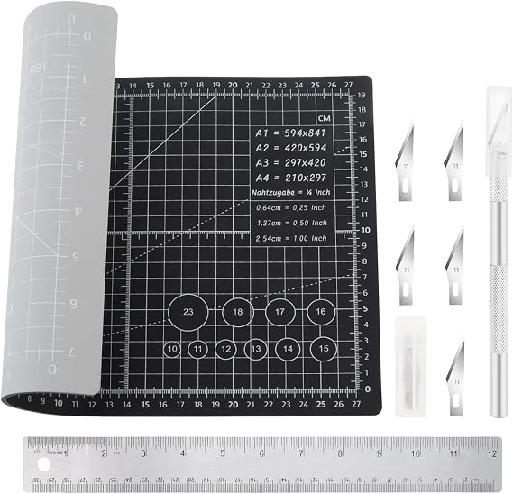 A4 Double-Sided Cutting Mat with Ruler Set, Self Healing Craft Mat 3mm Thick, Non Slip Ruler and Mat for Paper Sewing Craft Fabric DIY