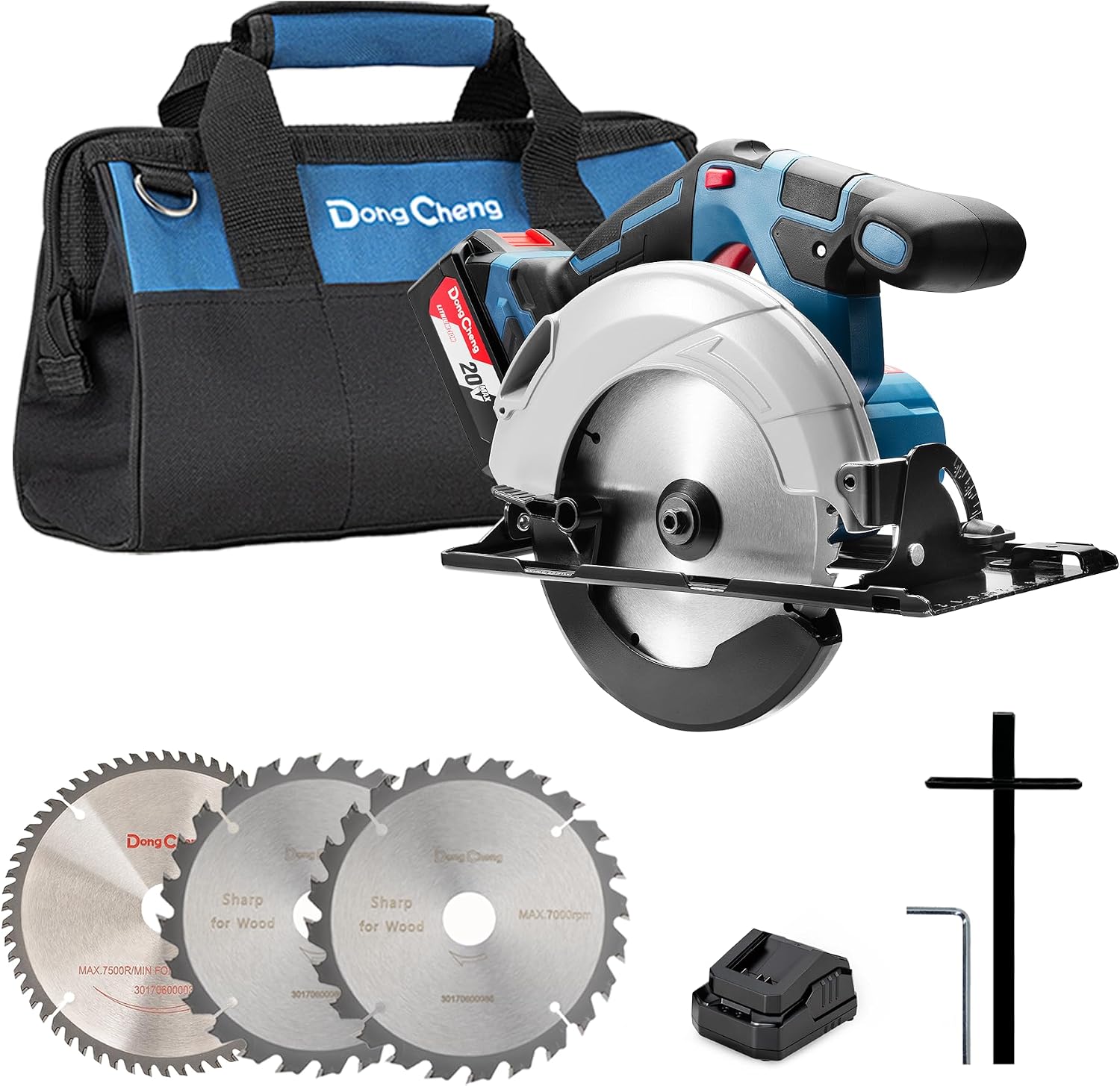 Dong Cheng 20V Max Circular Saw 165mm Cordless Circular Saw with Dust Collection Adaptor and Guide, 24T & 40T TCT Blade Included, Battery and Charger Kit 4.0Ah