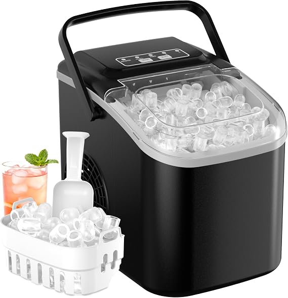 Ice Maker Machine Counter Top, Portable Ice Cube Maker Machine with Carry Handle and Self-Cleaning, 8 Ice Cubes Ready in 6 Minutes, 12KG in 24H, Ice Machines for Home/Party/Office