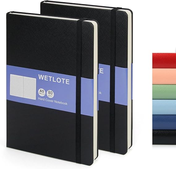 A5 Notebook Lined Journal - Hardcover Work Notebook with 212 Pages, Elastic Closure, Ribbon Bookmark, Back Pocket,for Daily Journal,Students, Men & Women- Black