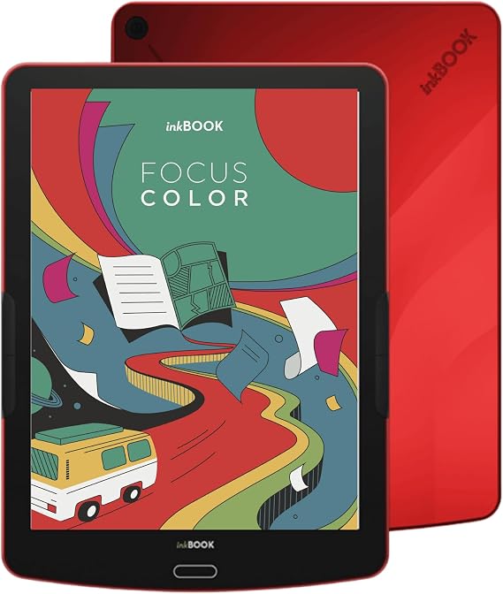 inkBOOK Focus Color Red - 7.8 Inch Colour eReader with Eye-Friendly Display Lighting & Android Supports Skoobe Onleihe Apps 32GB Audiobooks via Bluetooth USB-C Ad-Free